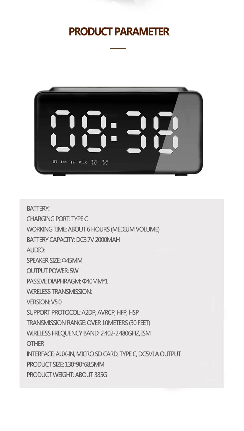 Digital Alarm Clock Bluetooth Speaker FM Radio Wireless Charger Phone Charging Pad  USB Fast Charger Table Clock