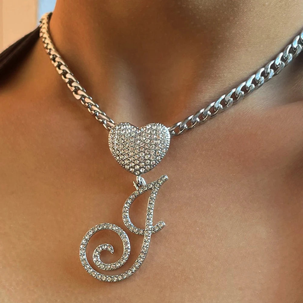 A-Z Cursive Letter Heart Pendant Iced Out Cuban Necklace for Women