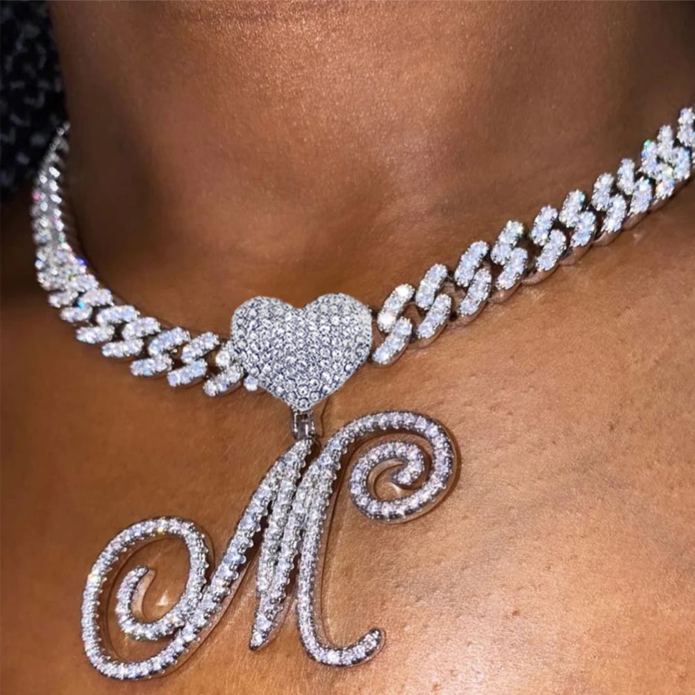 A-Z Cursive Letter Heart Pendant Iced Out Cuban Necklace for Women