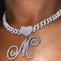 A-Z Cursive Letter Heart Pendant Iced Out Cuban Necklace for Women