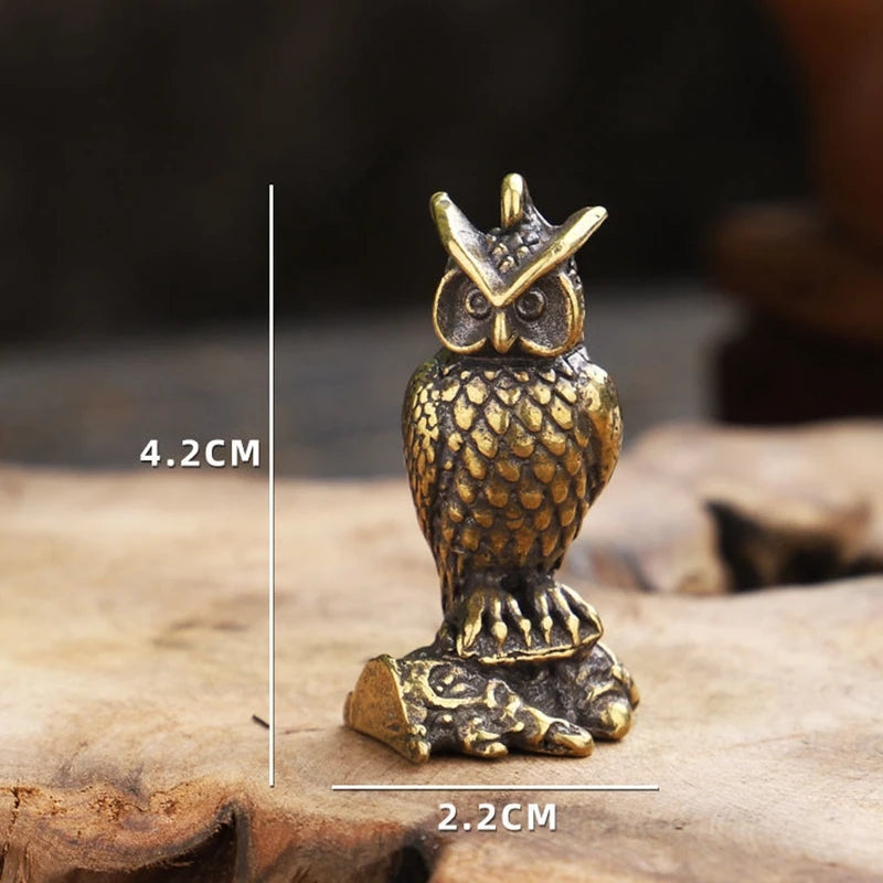 Antique Solid Brass Standing Owl Miniature Figurines Retro Copper Animal Tea Pet Desktop Ornament Decor Crafts Keychain Pendants