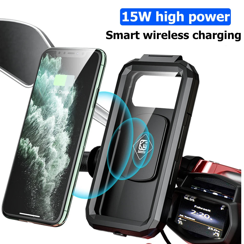 2022 Waterproof Case 12V Motorcycle Phone Holder Wireless Charger 15W Qi/ Type C PD USB Fast Charge Mount Box Double Socket Arms