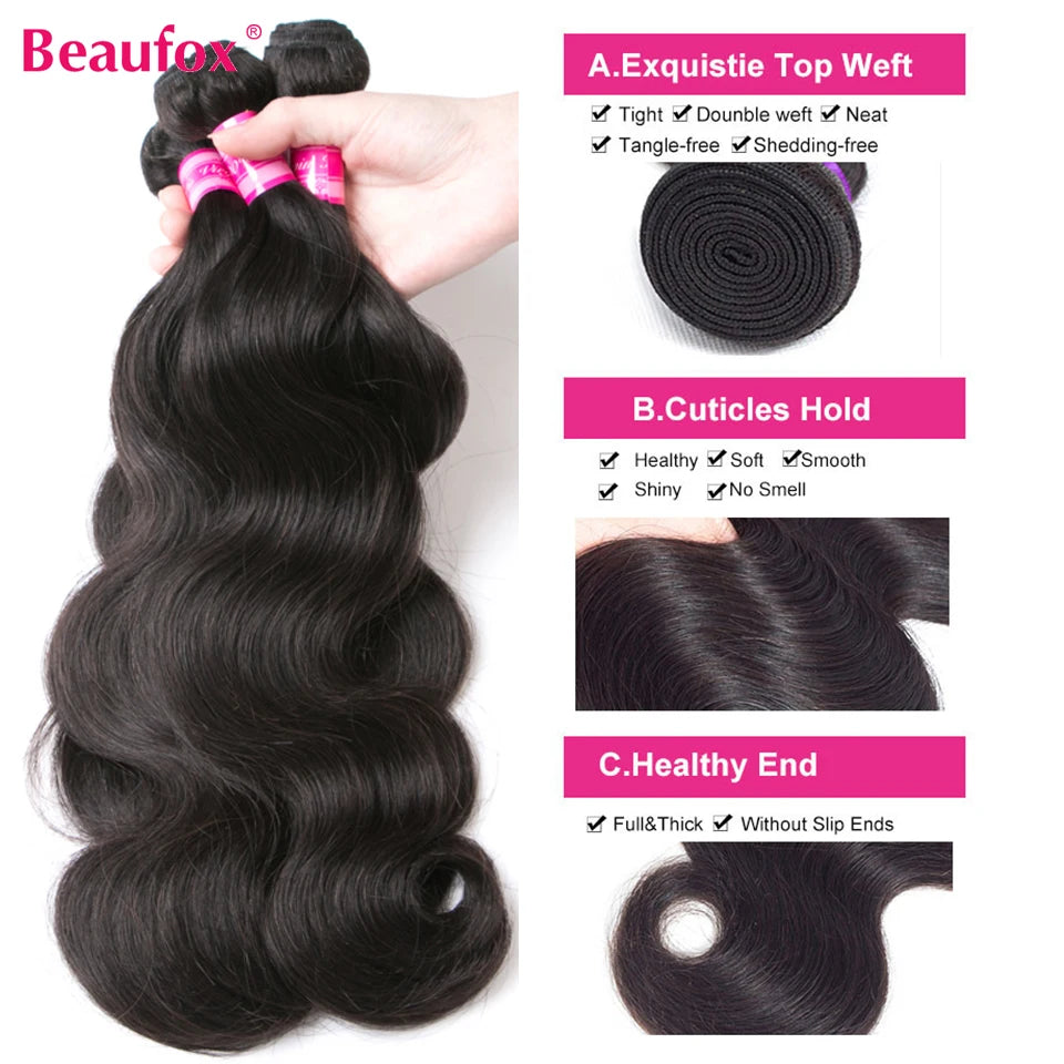 Beaufox Body Wave Bundles Brazilian Hair Weave Bundles 1/3/4 PCS
