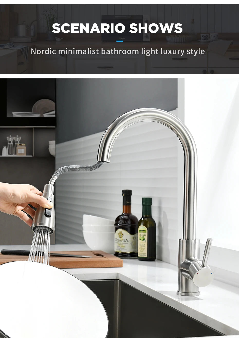 Brushed Nickel Kitchen Faucet Single Hole Pull Out Spout Kitchen Sink Mixer Tap Stream Sprayer Head Chrome/Black Mixer Tap866068