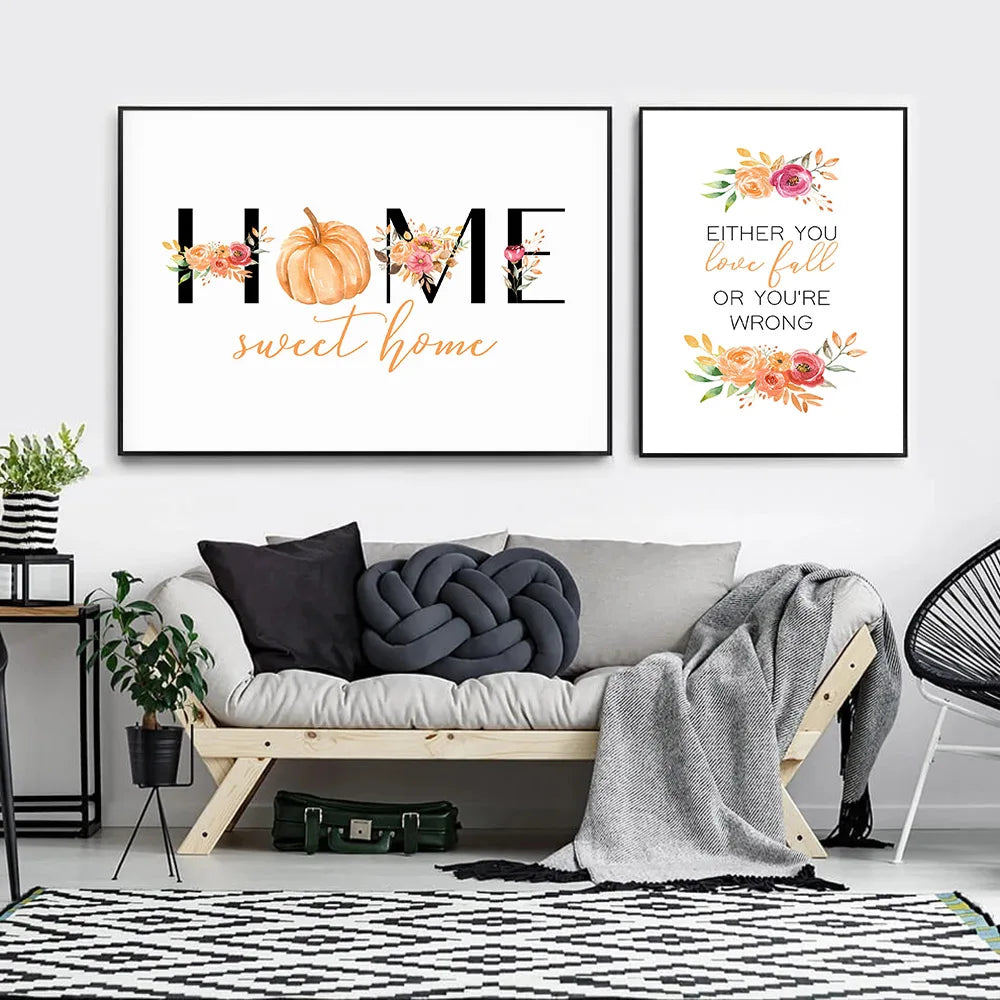 Hello Fall Autumn Quote Wall Pictures Children Cartoon Art Poster and Print Flower Wreath Pumpkin Canvas Painting Home Decor