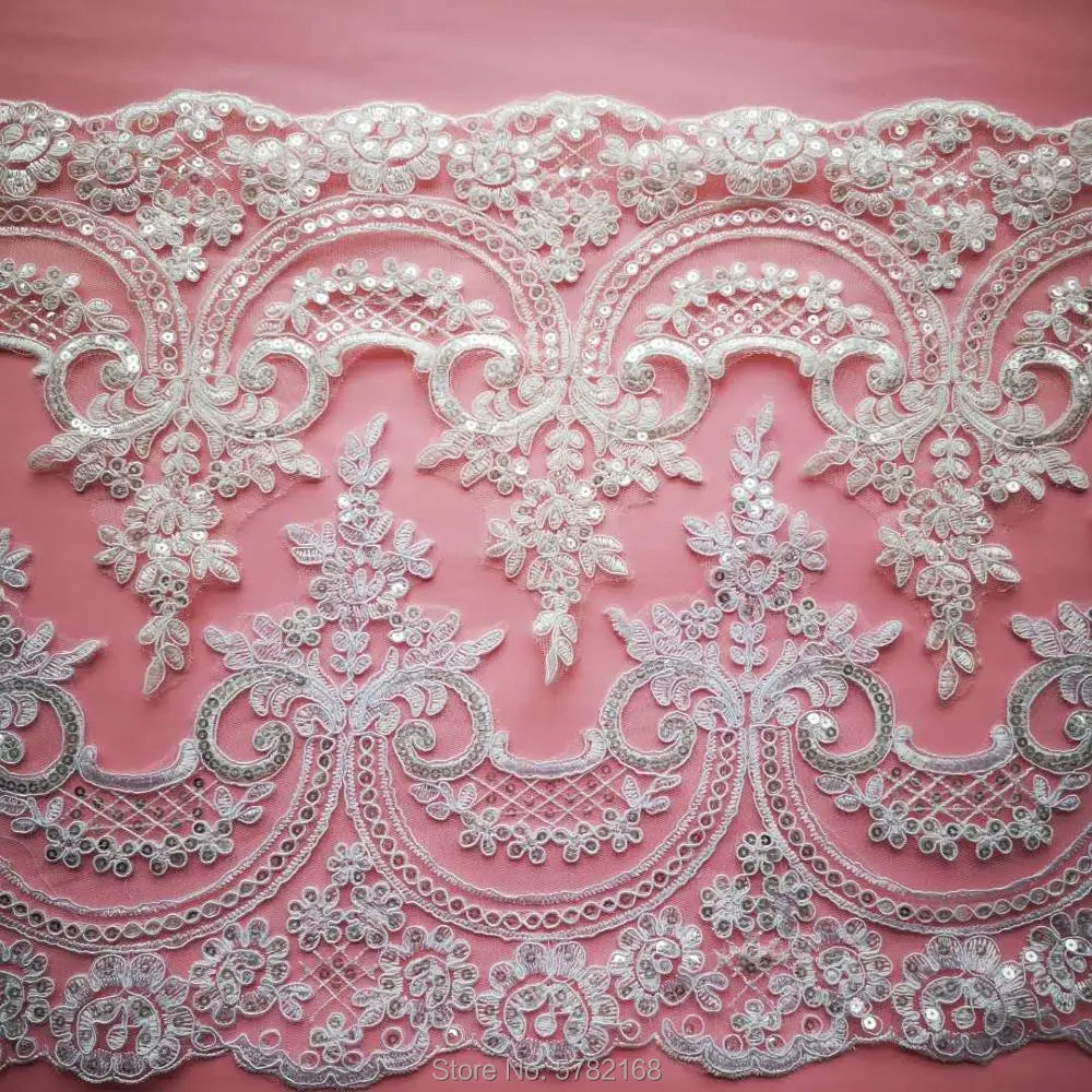 1Yard/23cm White Ivory Sequin Cording Fabric Flower Venise Venice Mesh Lace Trim Applique Sewing Craft for Wedding Dec.