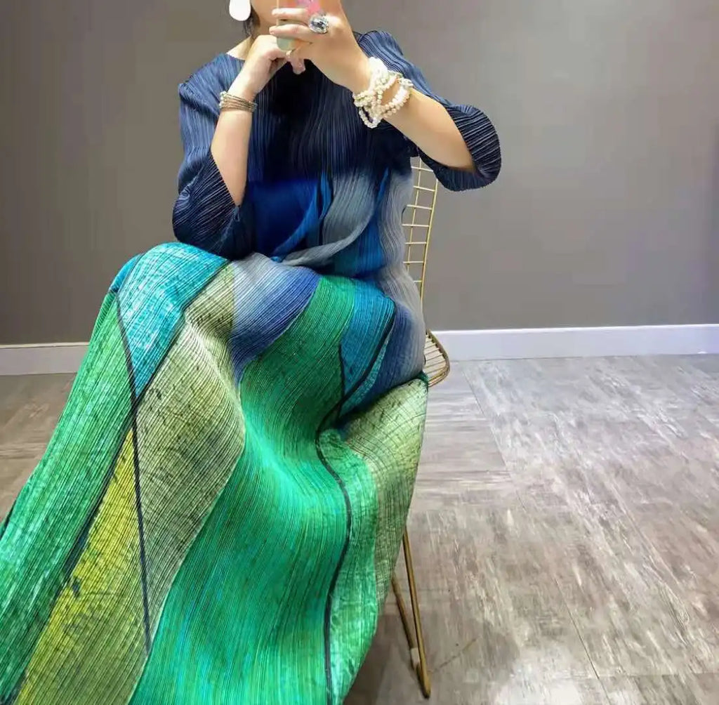 Miyake Pleats New High Fashion French Vintage Women Green Causal Long Dress Original Designer Clothing In Stock