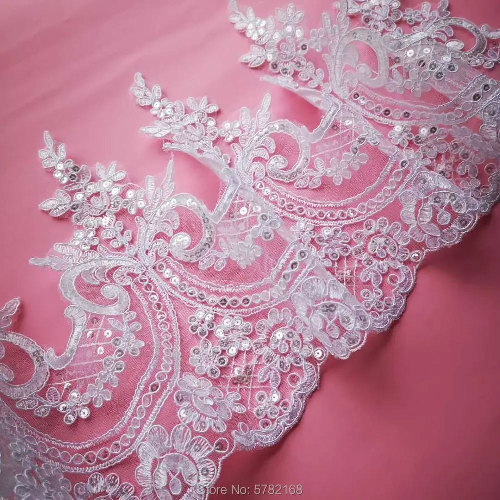 1Yard/23cm White Ivory Sequin Cording Fabric Flower Venise Venice Mesh Lace Trim Applique Sewing Craft for Wedding Dec.