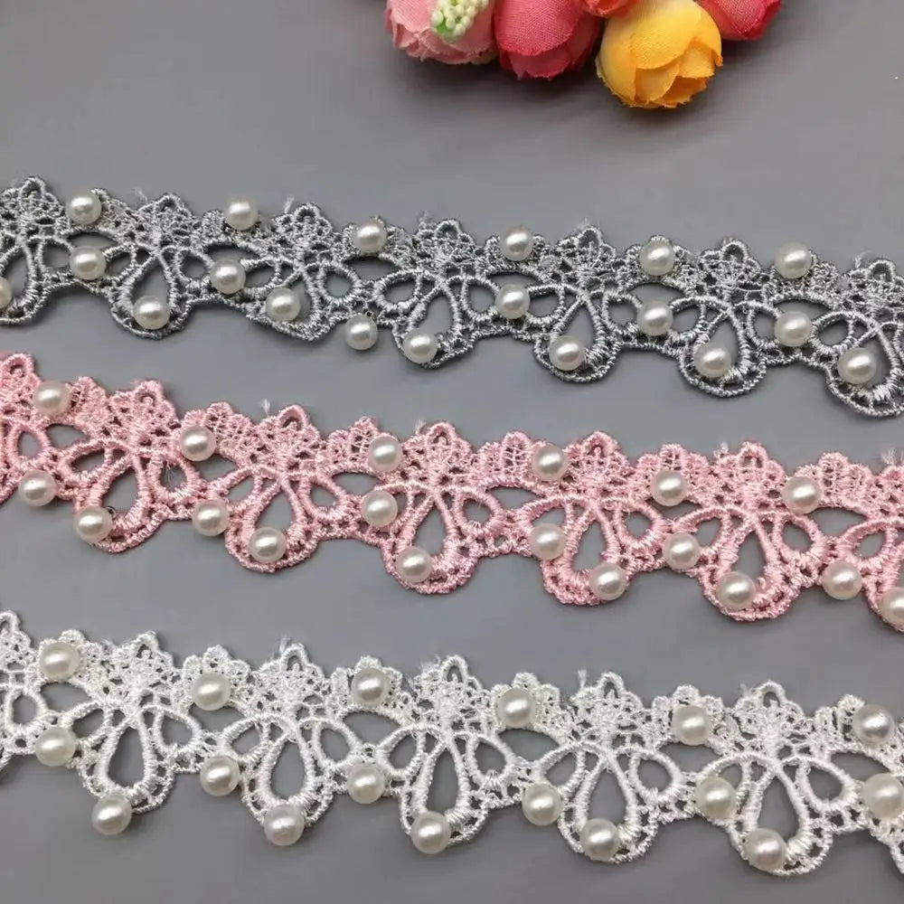 1 Yards White Pink and Grey Pearl Beaded Lace Trim Tape Lace Ribbon African Lace Fabric Collar Dress Sewing Garment Headdress Ma