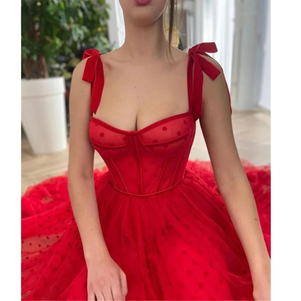 Red Polka Dots Tulle A Line Evening Dress Spaghetti Straps Tied Bow Shoulder Tea Length Party Graduation Prom Dress