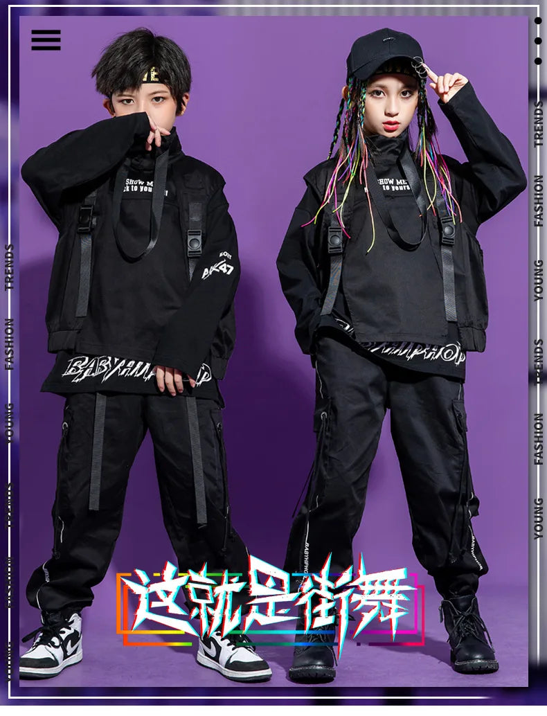Boy Hip Hop Girl High Collar Vest Cargo Pants Outfits Child Sweatshirt Joggers Street Dance Kids Waistcoat Streetwear Costumes