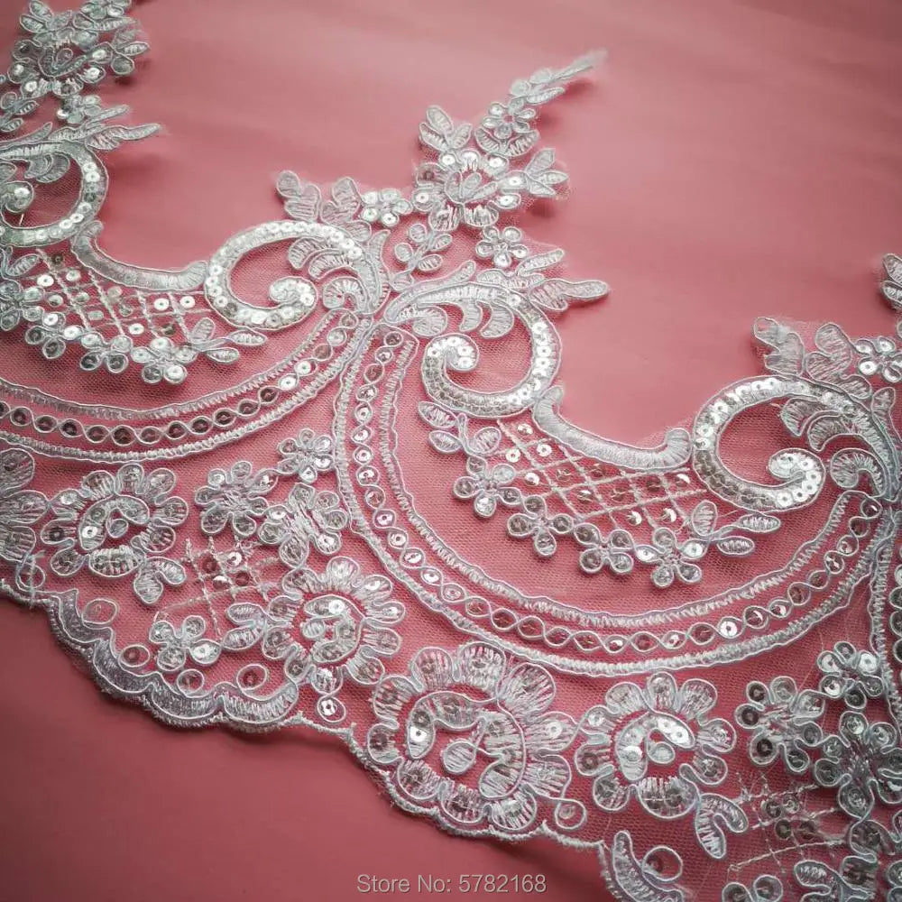 1Yard/23cm White Ivory Sequin Cording Fabric Flower Venise Venice Mesh Lace Trim Applique Sewing Craft for Wedding Dec.