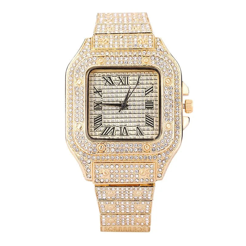 Iced Out Women Men Watch Square Diamondd Black Numbers Quartz