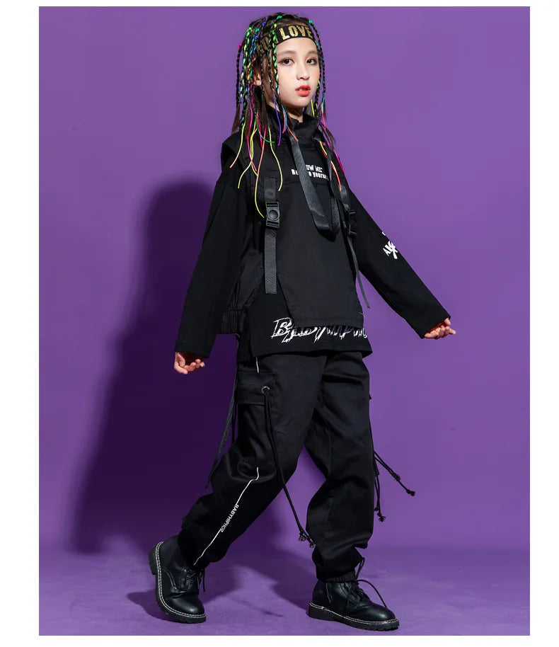 Boy Hip Hop Girl High Collar Vest Cargo Pants Outfits Child Sweatshirt Joggers Street Dance Kids Waistcoat Streetwear Costumes