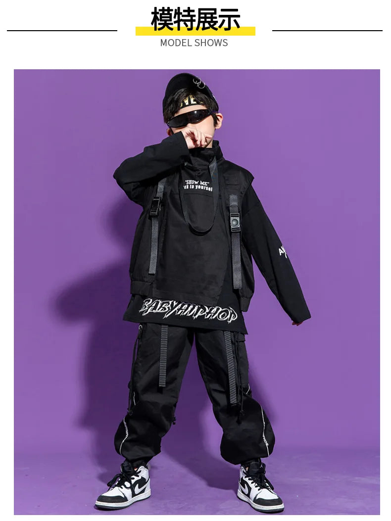 Boy Hip Hop Girl High Collar Vest Cargo Pants Outfits Child Sweatshirt Joggers Street Dance Kids Waistcoat Streetwear Costumes