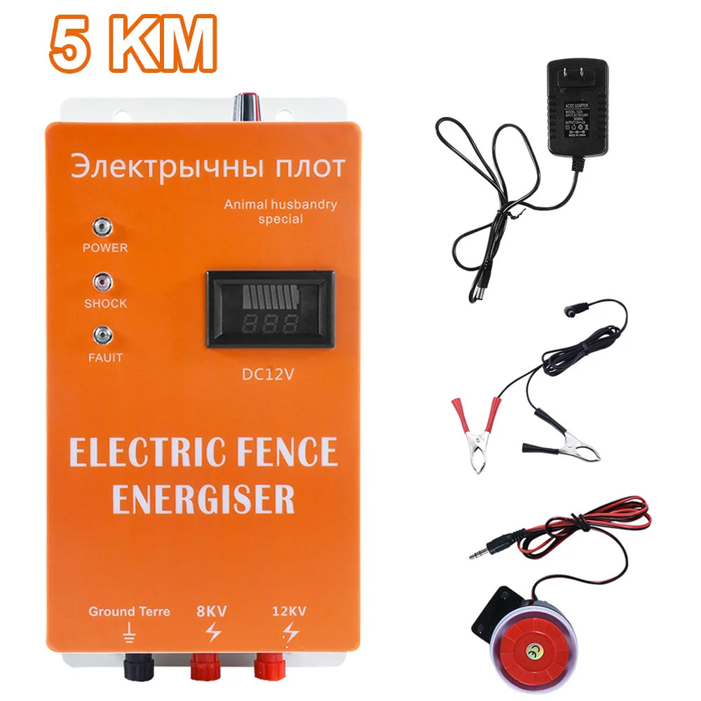 5/10/20/30/40KM Electric Fence Energizer with 5pcs Insulator High-voltage Pulse Output Controller Farm Fence Shepherd Alert Tool