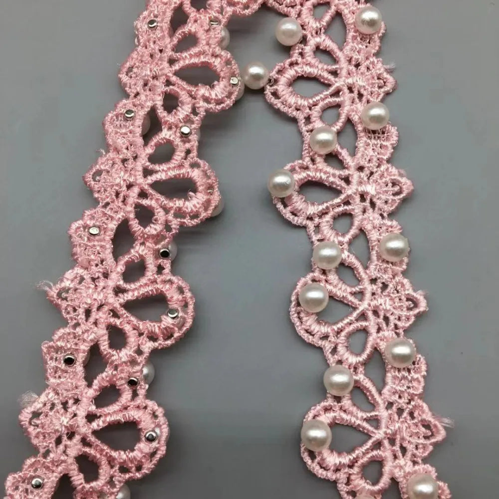 1 Yards White Pink and Grey Pearl Beaded Lace Trim Tape Lace Ribbon African Lace Fabric Collar Dress Sewing Garment Headdress Ma