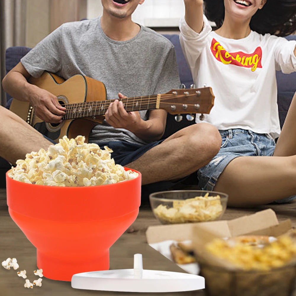 Microwave Popcorn Bowl Bucket Silicone DIY Red Popcorn Maker with Lid Chips Fruit Dish High Quality Kitchen Easy Tools