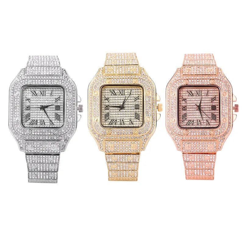 Iced Out Women Men Watch Square Diamondd Black Numbers Quartz