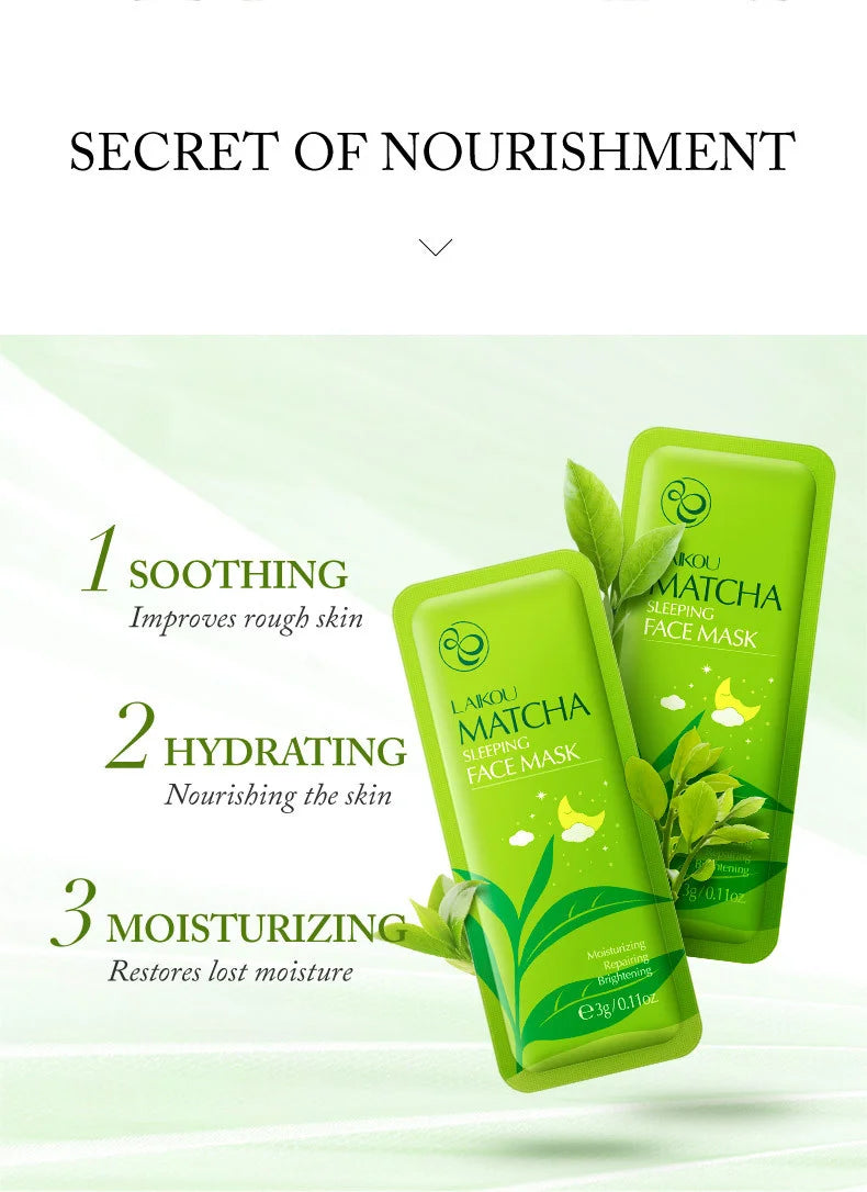 7Pcs LAIKOU Matcha Face Mask Moisturizing Green Tea Skin Sleeping Facial Mask Beauty Nourishing Oil Control Skin Care