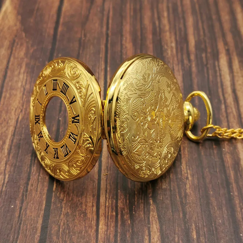 Luxury Gold Roman Numerals Quartz Pocket Watch Chain Men