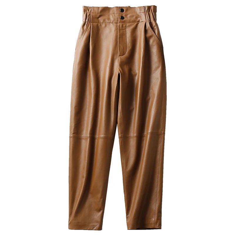 Genuine leather pants women winter 2025 new fashion elastic high waist pants women harem pants casual trouser female