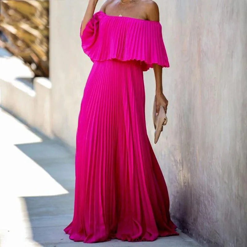 Sexy Off Shoulder Solid Summer Women Long Dress Elegant Patchwork Strapless Walk Dress Fashion Femme Wedding Party Dress Vestido