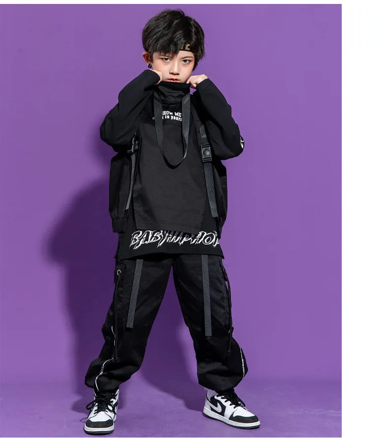 Boy Hip Hop Girl High Collar Vest Cargo Pants Outfits Child Sweatshirt Joggers Street Dance Kids Waistcoat Streetwear Costumes