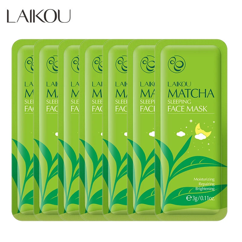 7Pcs LAIKOU Matcha Face Mask Moisturizing Green Tea Skin Sleeping Facial Mask Beauty Nourishing Oil Control Skin Care