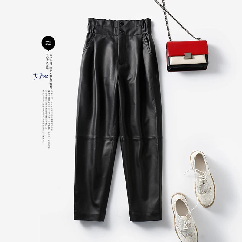 Genuine leather pants women winter 2025 new fashion elastic high waist pants women harem pants casual trouser female