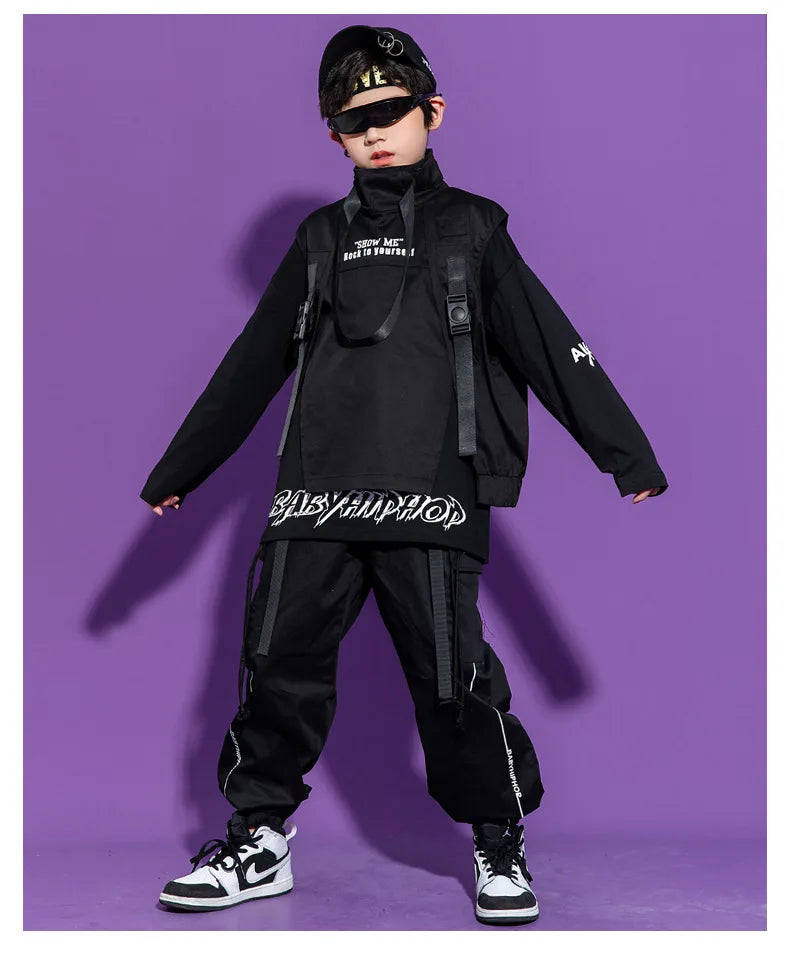Boy Hip Hop Girl High Collar Vest Cargo Pants Outfits Child Sweatshirt Joggers Street Dance Kids Waistcoat Streetwear Costumes