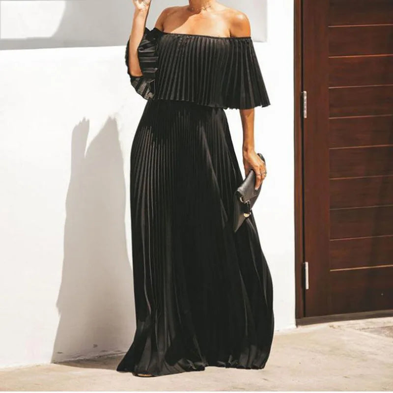 Sexy Off Shoulder Solid Summer Women Long Dress Elegant Patchwork Strapless Walk Dress Fashion Femme Wedding Party Dress Vestido