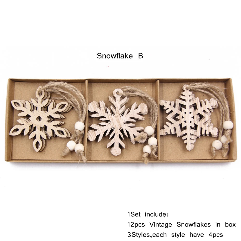 12PCS/Box Wooden Hollow Snowflake Christmas Vintage Pendants Xmas Hanging Ornaments for Noel Tree Decorations DIY Painting Gifts