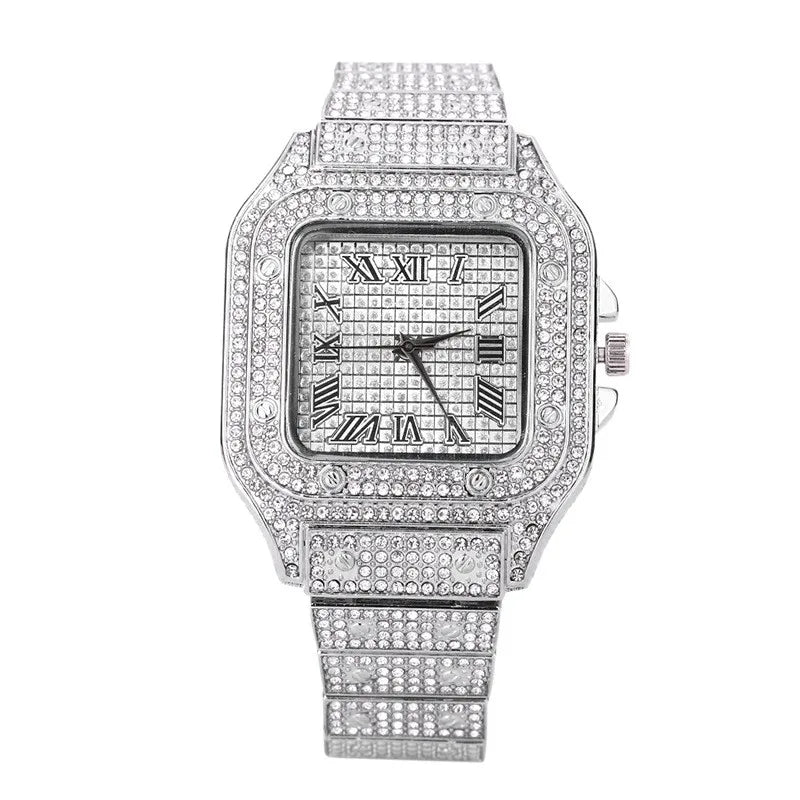 Iced Out Women Men Watch Square Diamondd Black Numbers Quartz