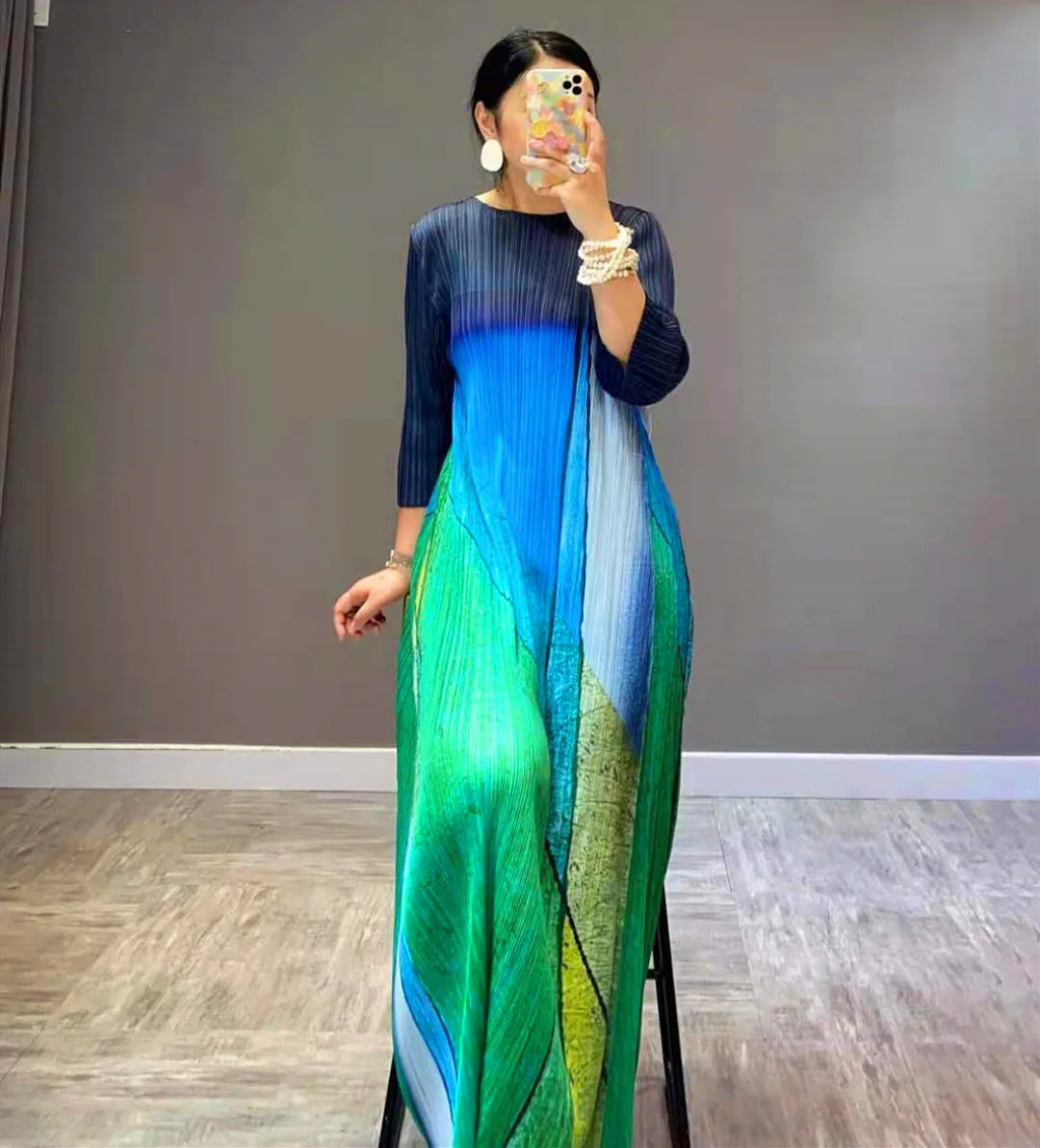 Miyake Pleats New High Fashion French Vintage Women Green Causal Long Dress Original Designer Clothing In Stock