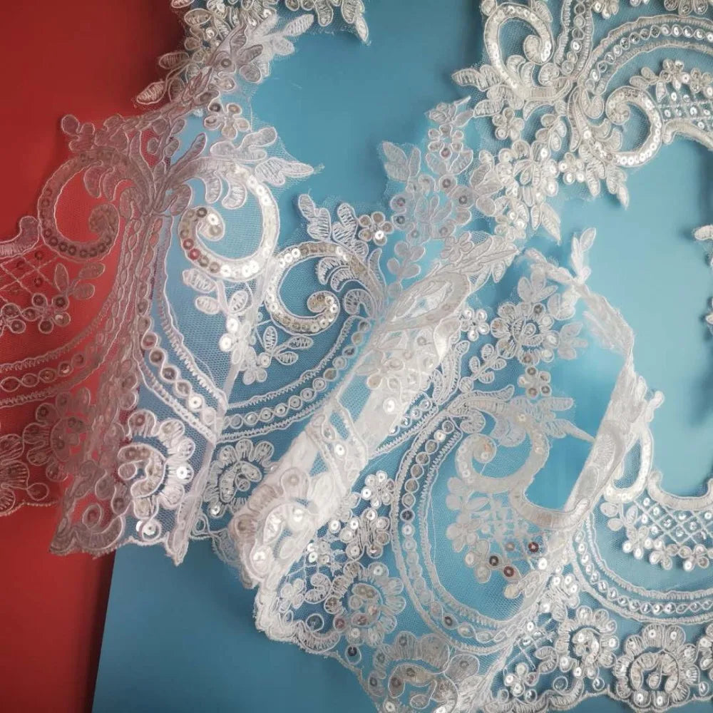 1Yard/23cm White Ivory Sequin Cording Fabric Flower Venise Venice Mesh Lace Trim Applique Sewing Craft for Wedding Dec.