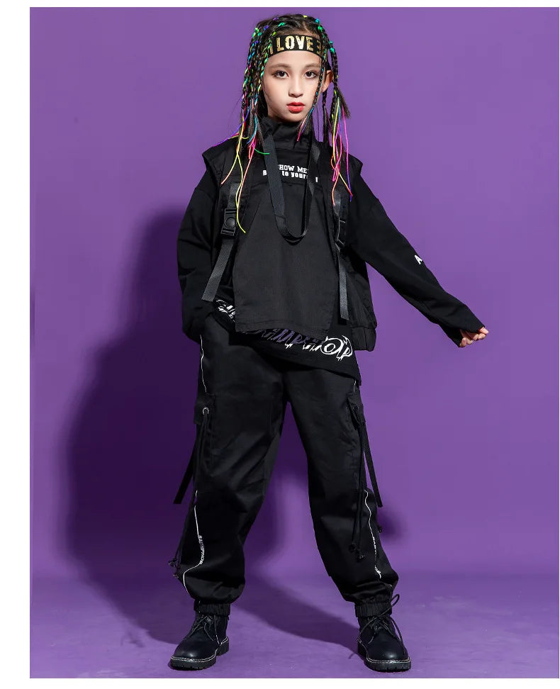 Boy Hip Hop Girl High Collar Vest Cargo Pants Outfits Child Sweatshirt Joggers Street Dance Kids Waistcoat Streetwear Costumes
