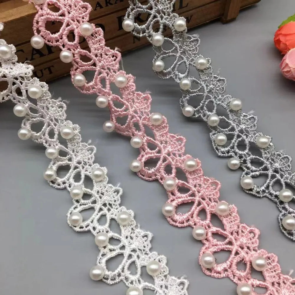 1 Yards White Pink and Grey Pearl Beaded Lace Trim Tape Lace Ribbon African Lace Fabric Collar Dress Sewing Garment Headdress Ma