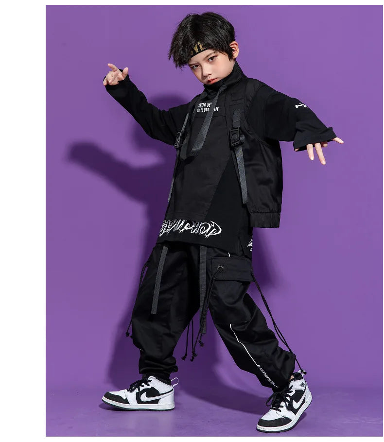 Boy Hip Hop Girl High Collar Vest Cargo Pants Outfits Child Sweatshirt Joggers Street Dance Kids Waistcoat Streetwear Costumes