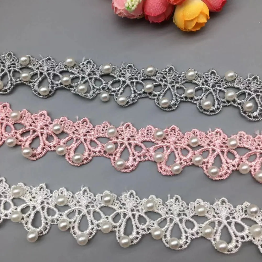 1 Yards White Pink and Grey Pearl Beaded Lace Trim Tape Lace Ribbon African Lace Fabric Collar Dress Sewing Garment Headdress Ma