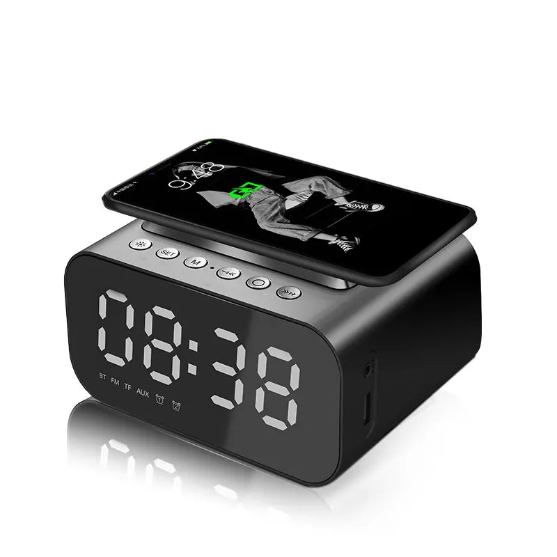 Digital Alarm Clock Bluetooth Speaker FM Radio Wireless Charger Phone Charging Pad  USB Fast Charger Table Clock