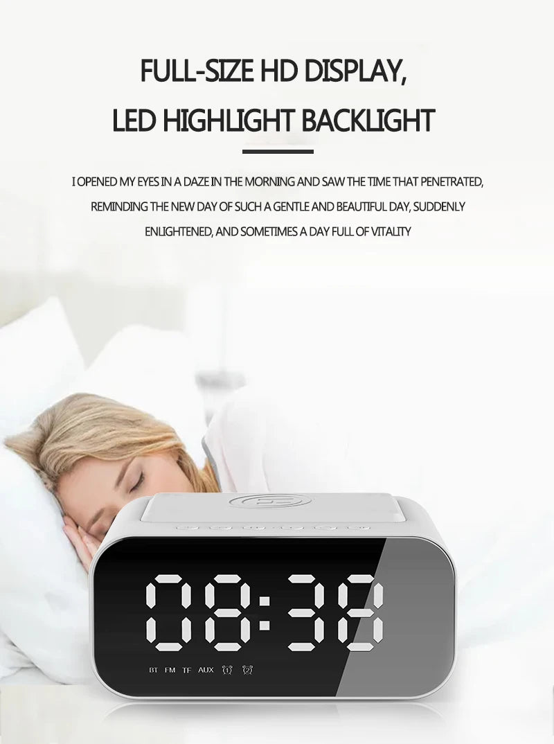 Digital Alarm Clock Bluetooth Speaker FM Radio Wireless Charger Phone Charging Pad  USB Fast Charger Table Clock