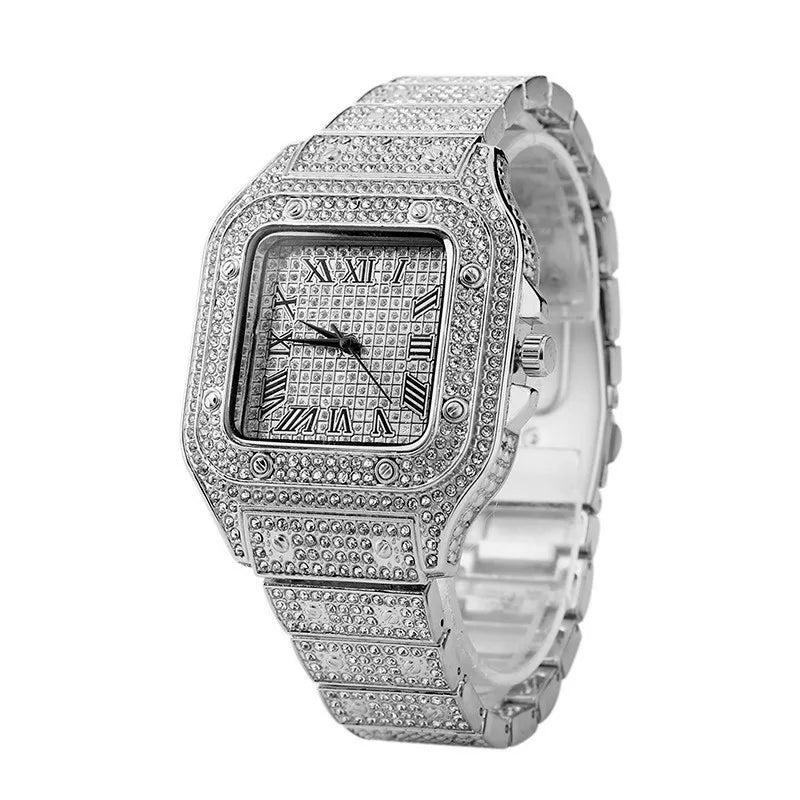 Iced Out Women Men Watch Square Diamondd Black Numbers Quartz