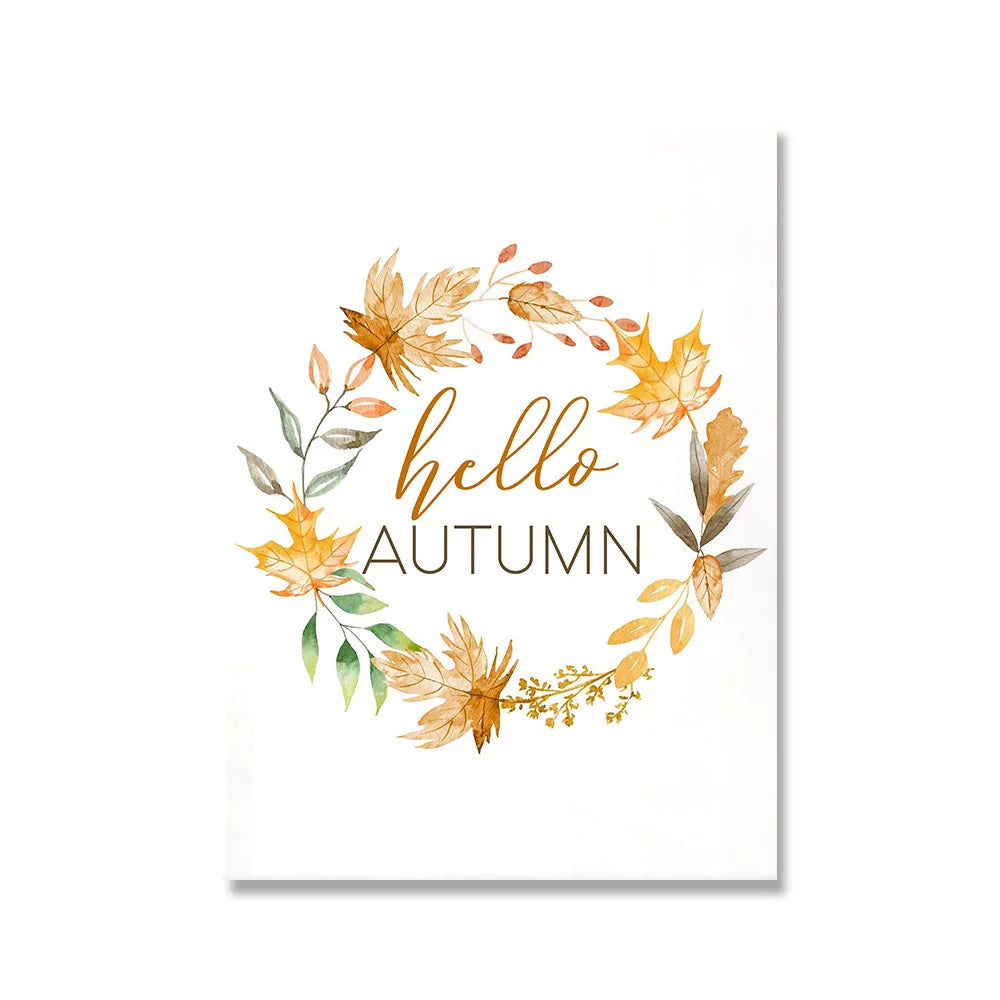 Hello Fall Autumn Quote Wall Pictures Children Cartoon Art Poster and Print Flower Wreath Pumpkin Canvas Painting Home Decor