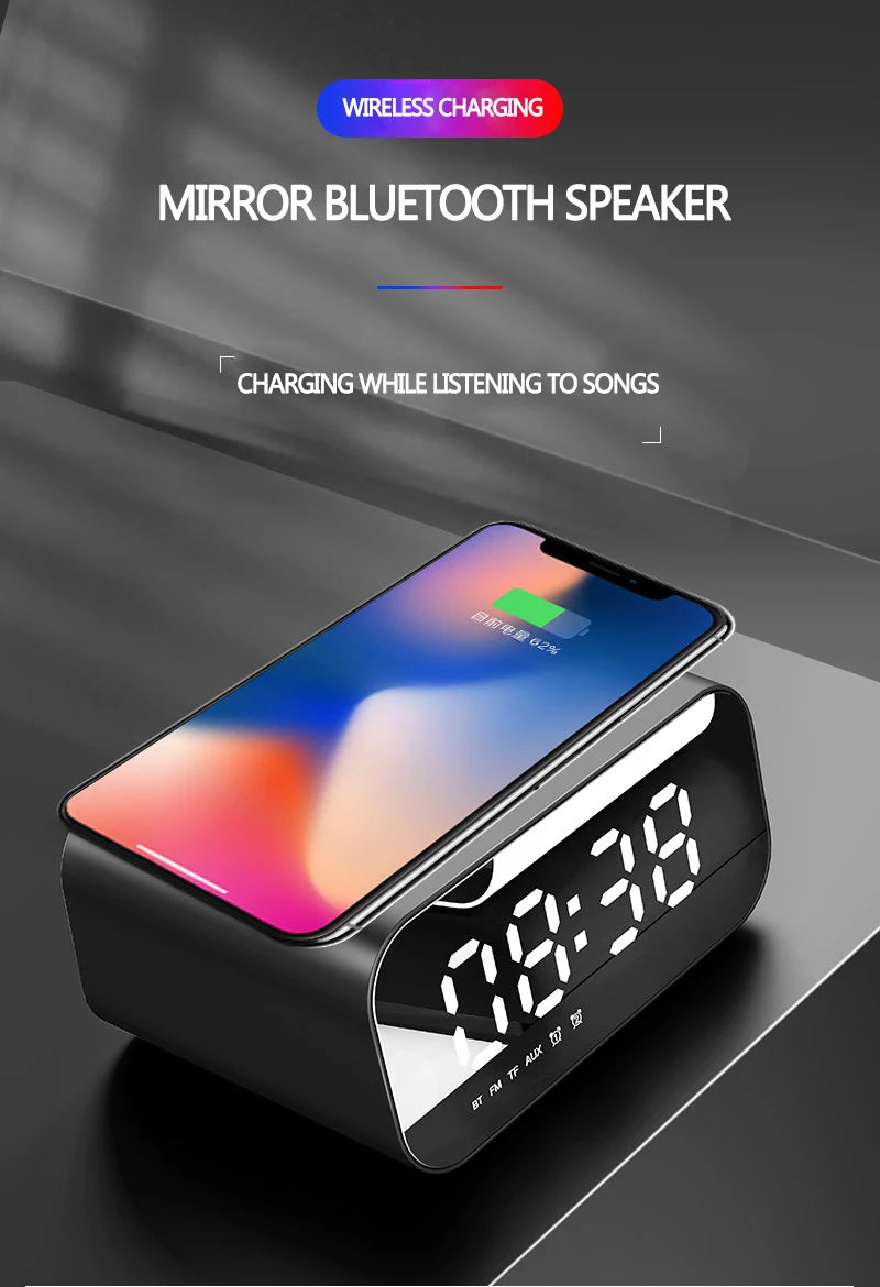 Digital Alarm Clock Bluetooth Speaker FM Radio Wireless Charger Phone Charging Pad  USB Fast Charger Table Clock