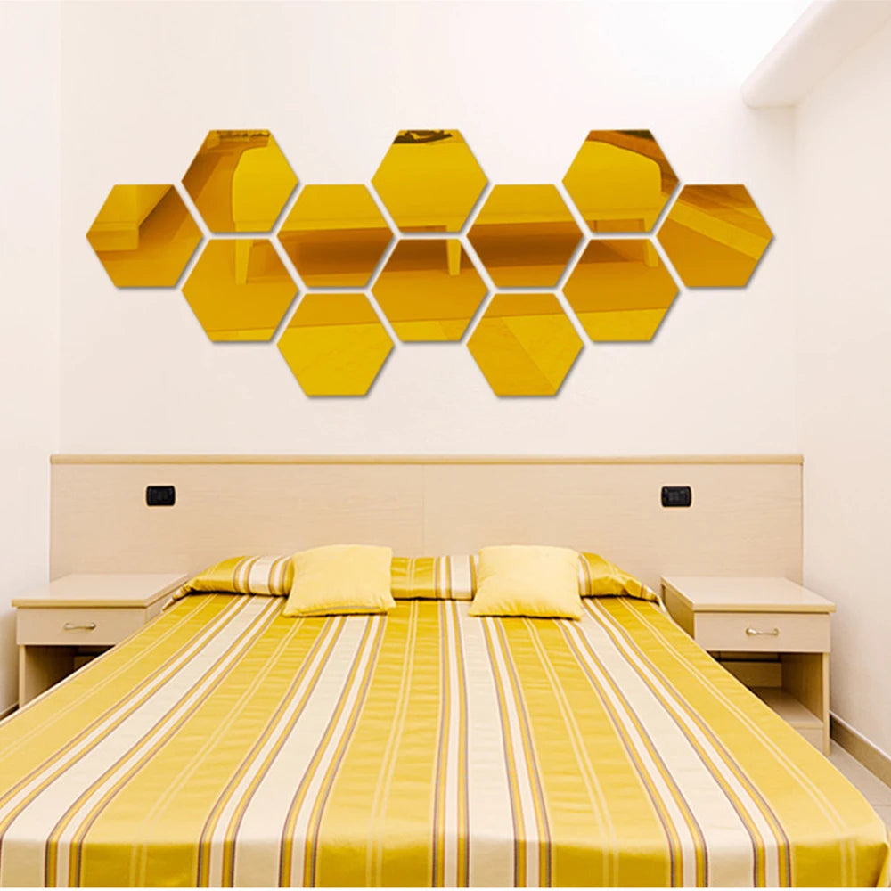 6/12pcs 3D Mirror Wall Sticker Hexagon Decal Home Decor DIY Self-adhesive Mirror Decor Stickers Art Wall Decoration 126mm Large
