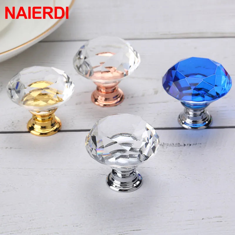 NAIERDI 20mm 30mm Diamond Crystal Glass Knobs Cupboard Pulls Drawer Knobs Kitchen Cabinet Handles Modern Style Furniture Pulls