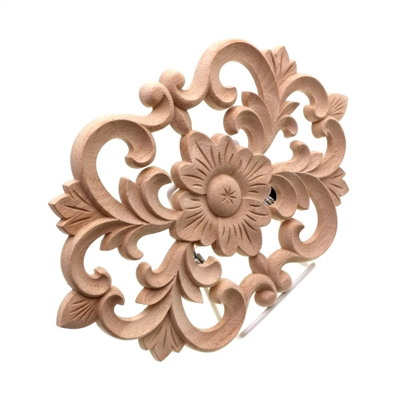 RUNBAZEF Woodcarving Furniture Decoration Style SolidWood Round Applique Door Heart Decorative Flower Funko Pop Artesanato Craft