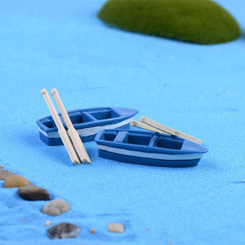 Blue Resin Boat Wood Paddles Oars Figures Decorative Figurine Diy Home Decor Mini Fairy Garden Aquarium Fish Tank Statue Craft
