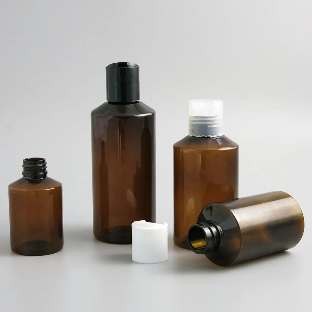 50ml 100ml 150ml 200ml Shoulder slope Amber PET Plastic Cream Skin Care Bottles For Shampoo Disk Cap 5OZ Brown Contaienrs 30pcs